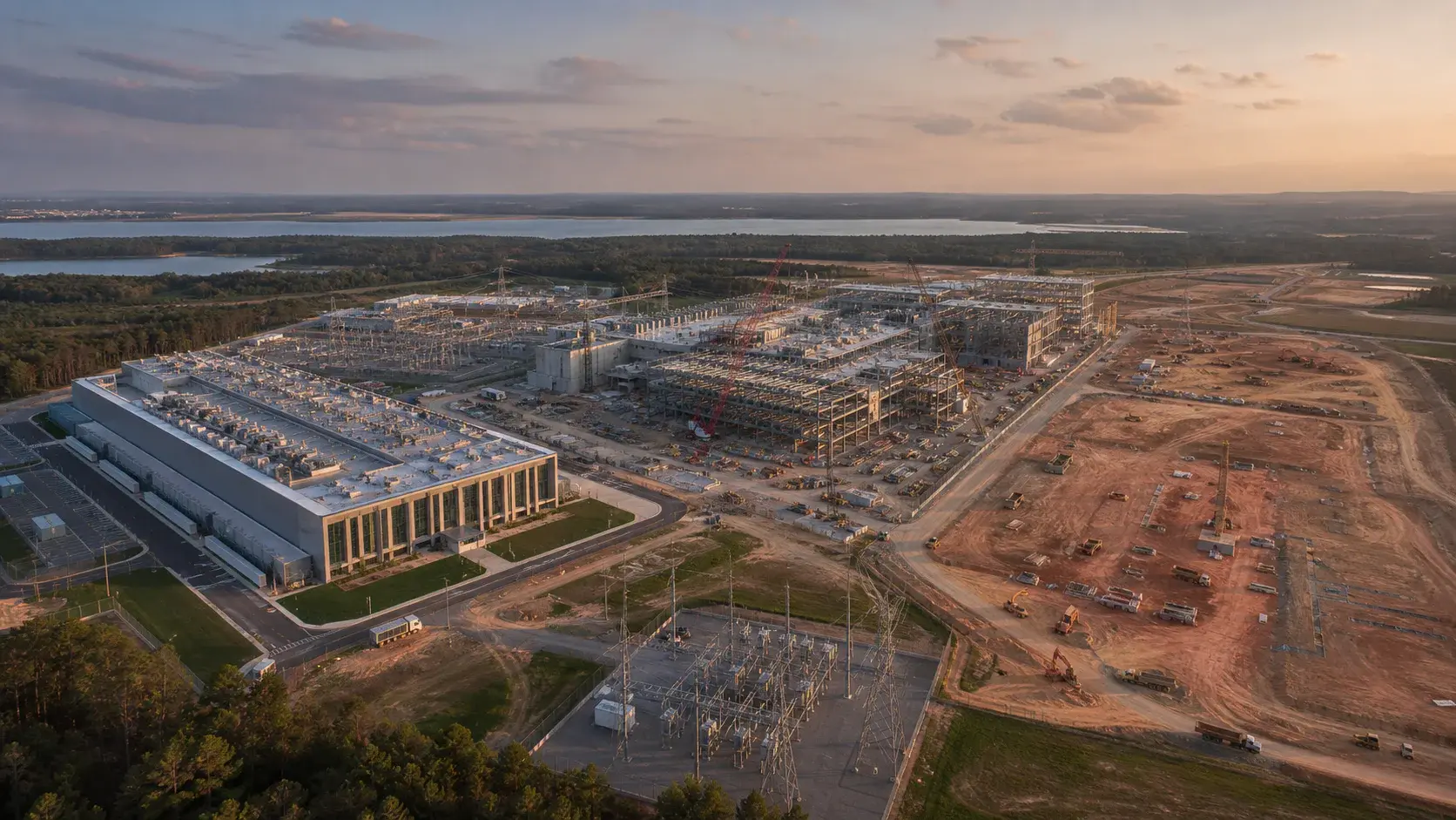 A data center campus showing active operations, construction, and future expansion